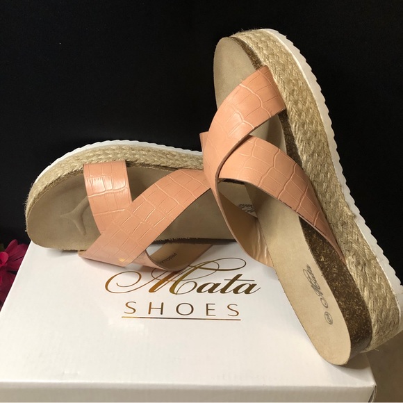 New Mata Shoes Blush Croc Embossed Criss Cross Espadrille Slip On Sandals - Picture 14 of 14